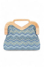 Chevron Print Faux Straw Wodden Frame Clutch Bag