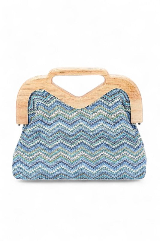 Chevron Print Faux Straw Wodden Frame Clutch Bag