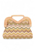 Chevron Print Faux Straw Wodden Frame Clutch Bag