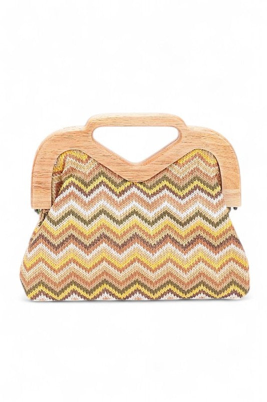 Chevron Print Faux Straw Wodden Frame Clutch Bag