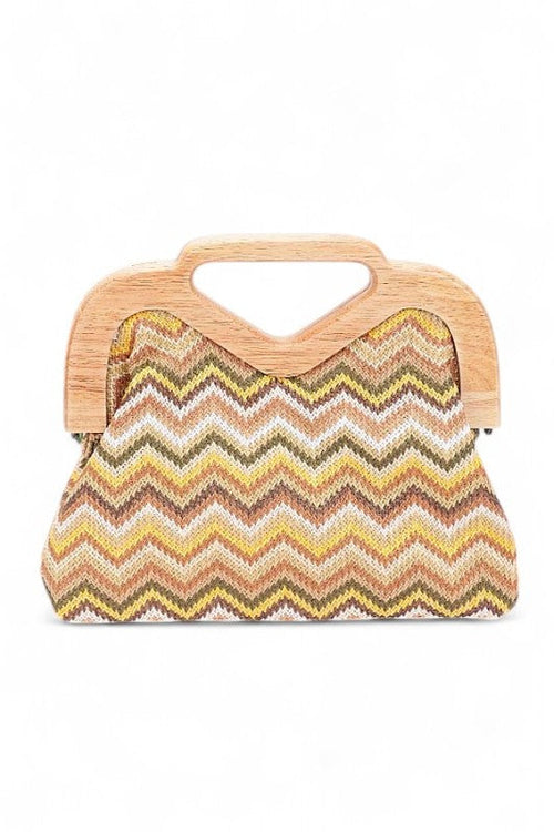 Chevron Print Faux Straw Wodden Frame Clutch Bag