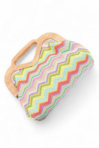 Chevron Print Faux Straw Wodden Frame Clutch Bag