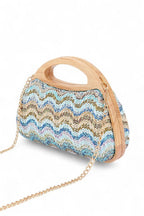 Chevron Print Faux Straw Wodden Frame Clutch Bag