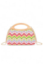 Chevron Print Faux Straw Wodden Frame Clutch Bag
