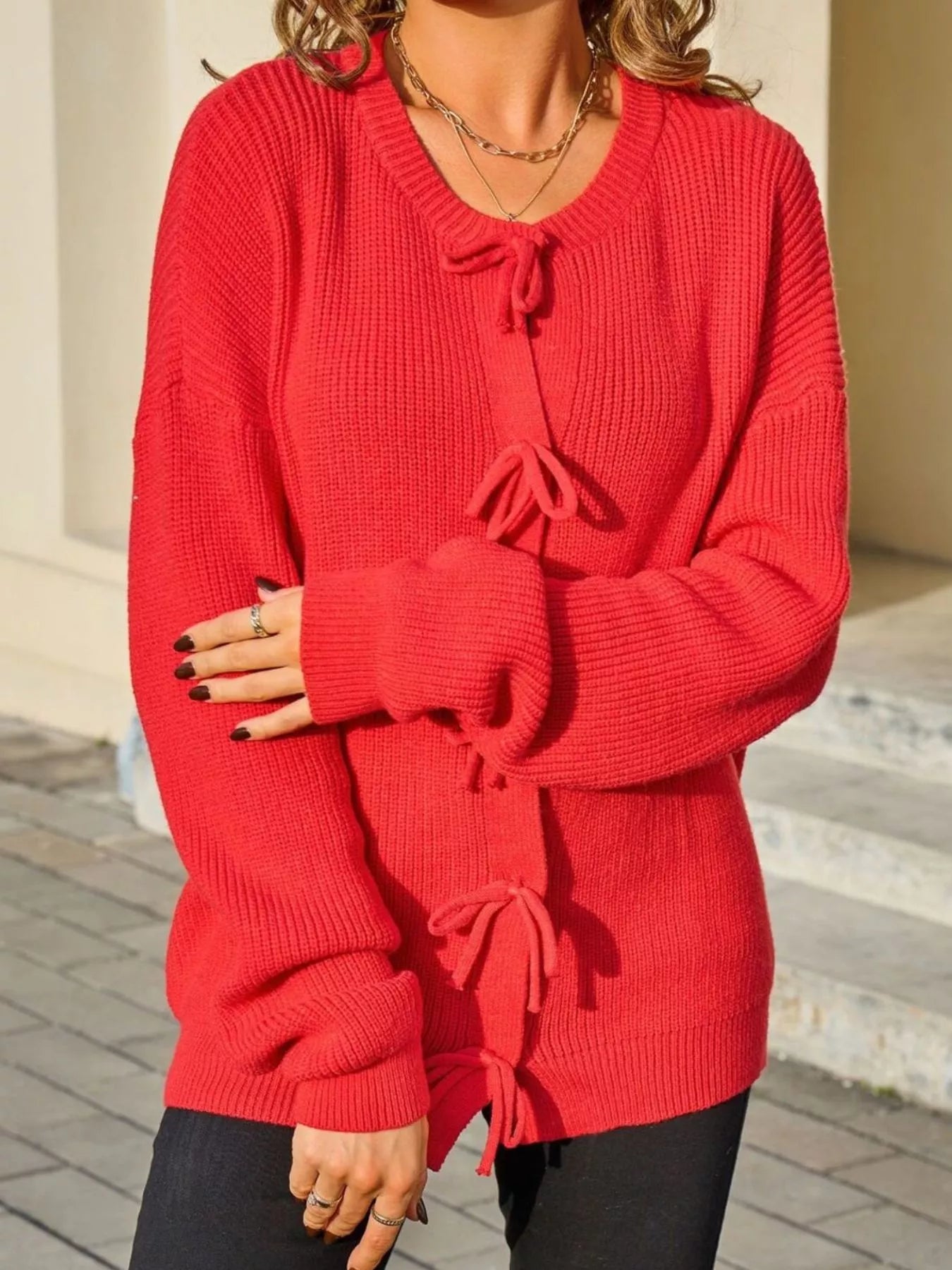 Ribbed Knit Bow-Tie Cardigan