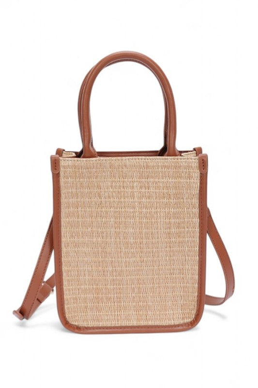 Faux Straw Top Handle Crossbody Small Tote