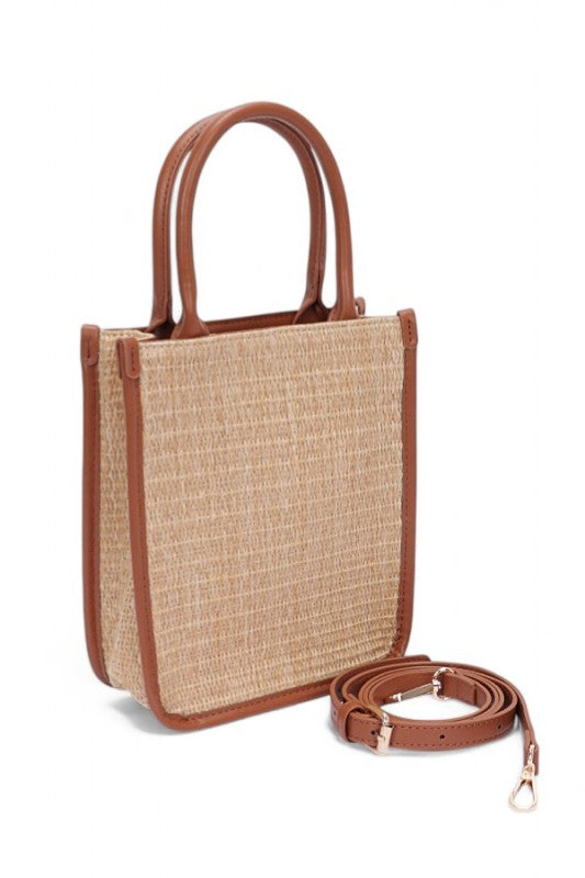 Faux Straw Top Handle Crossbody Small Tote