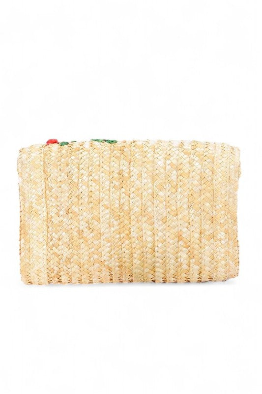 Embroidery Cherry Raffia Straw Clutch Bag