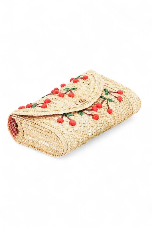Embroidery Cherry Raffia Straw Clutch Bag