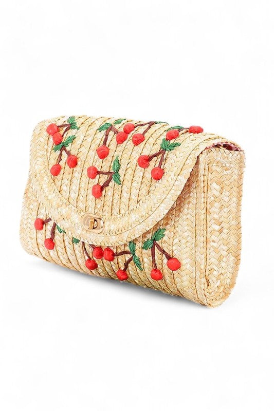 Embroidery Cherry Raffia Straw Clutch Bag