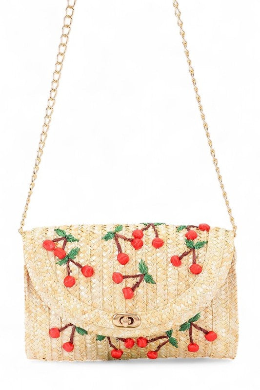 Embroidery Cherry Raffia Straw Clutch Bag