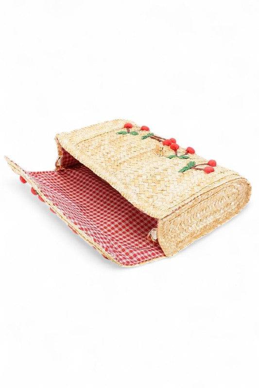 Embroidery Cherry Raffia Straw Clutch Bag
