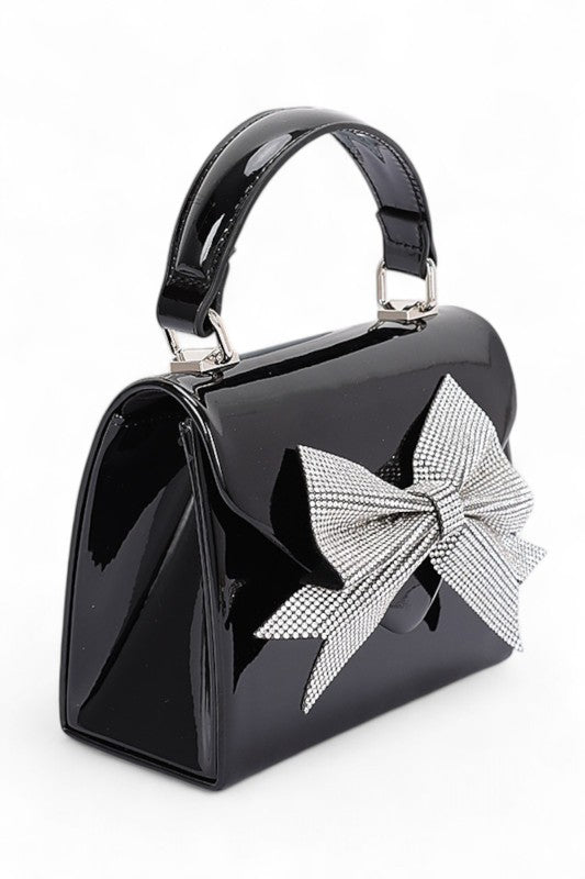 Rhinestone Bow Tie Patent Finish Crossbody Bag