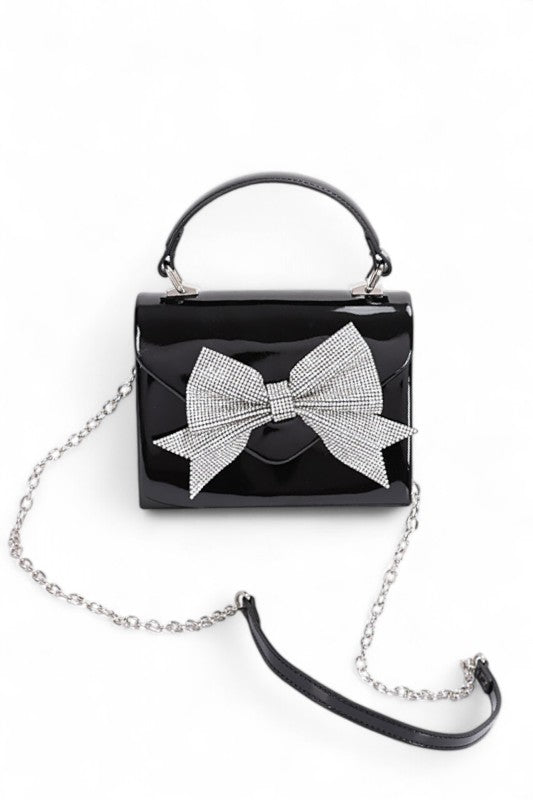 Rhinestone Bow Tie Patent Finish Crossbody Bag