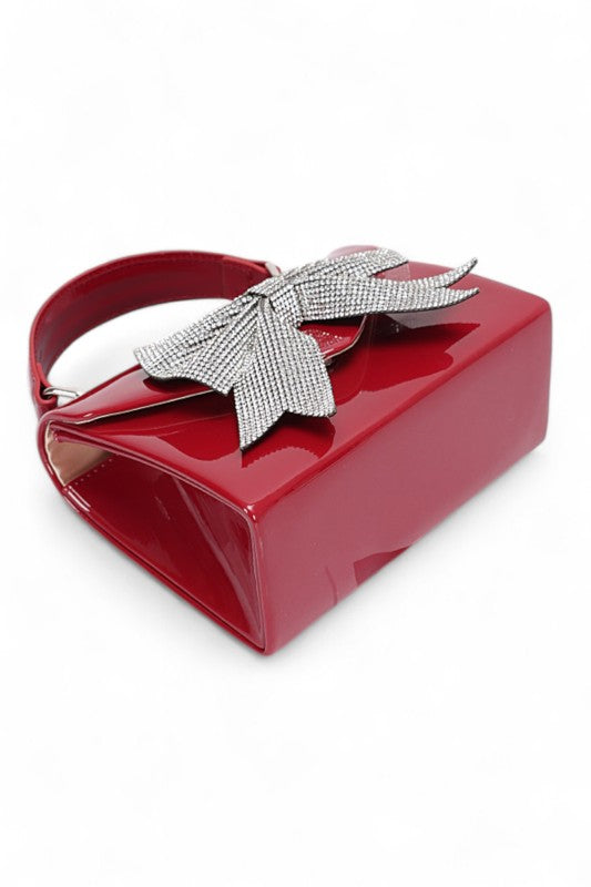 Rhinestone Bow Tie Patent Finish Crossbody Bag