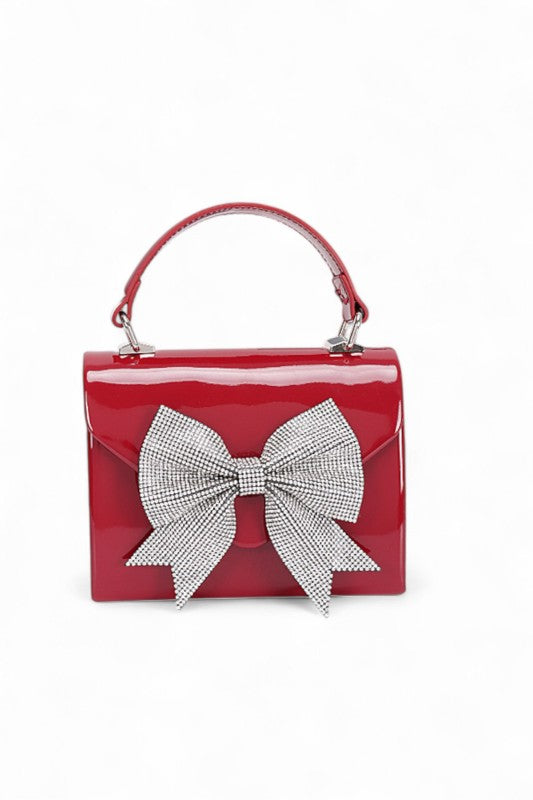 Rhinestone Bow Tie Patent Finish Crossbody Bag