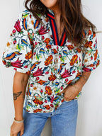 Multicolour Contrasted V Neckline Floral Puff Short Sleeve Blouse