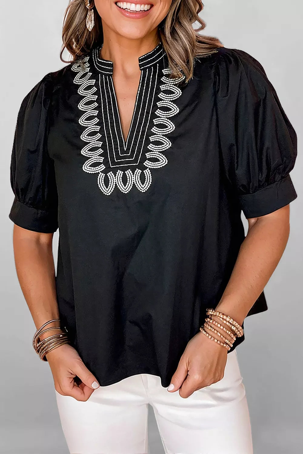 Short Puff Sleeve Contrast Embroidered Detail V Neck Blouse