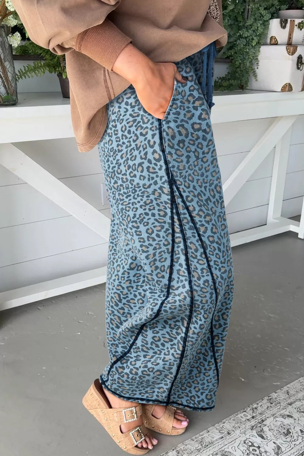 Leopard Print Exposed Seam Detail Wide Leg Drawstring Jeans