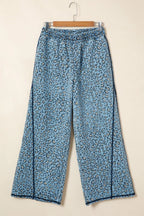 Leopard Print Exposed Seam Detail Wide Leg Drawstring Jeans
