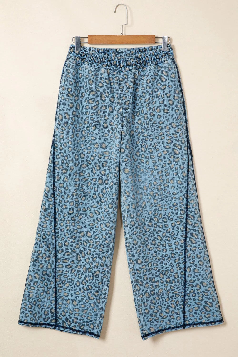 Leopard Print Exposed Seam Detail Wide Leg Drawstring Jeans