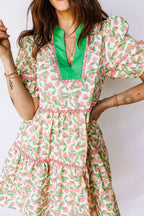 Contrast Neckline Ricrac Trim Floral Short Puff Sleeve Dress