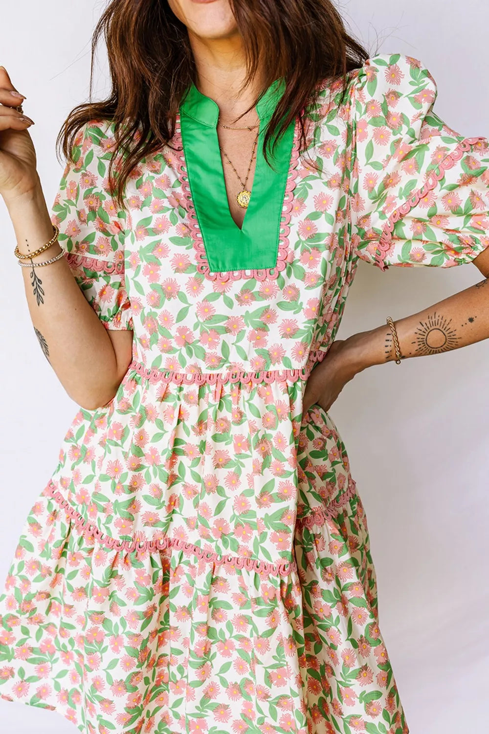 Contrast Neckline Ricrac Trim Floral Short Puff Sleeve Dress