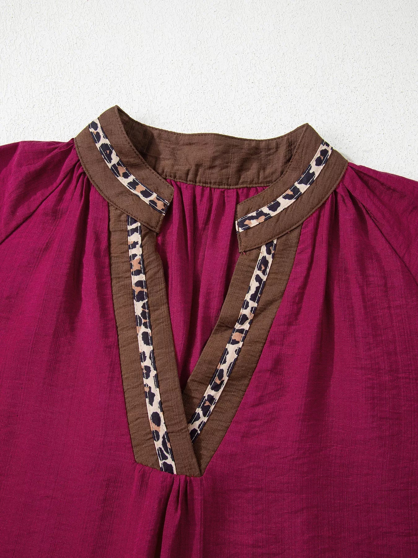 Leopard Trim V Neck Flounced Bracelet Sleeve Blouse