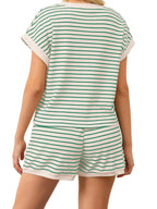 Full Size Striped Round Neck Top and Shorts Set Plus Size