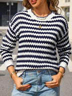 Striped Zigzag Knit Round Neck Sweater