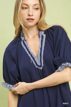 Umgee French Terry Mini Dress with Ruffled Striped Trim