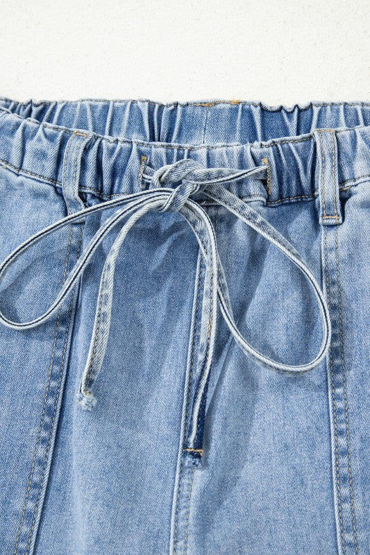 Denim Raw Hem Drawstring Wide Leg Pants