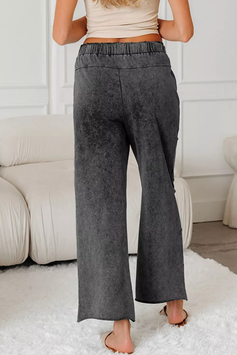 Mineral Wash Lace-up High Waist Raw Hem Patched Pocket Pants