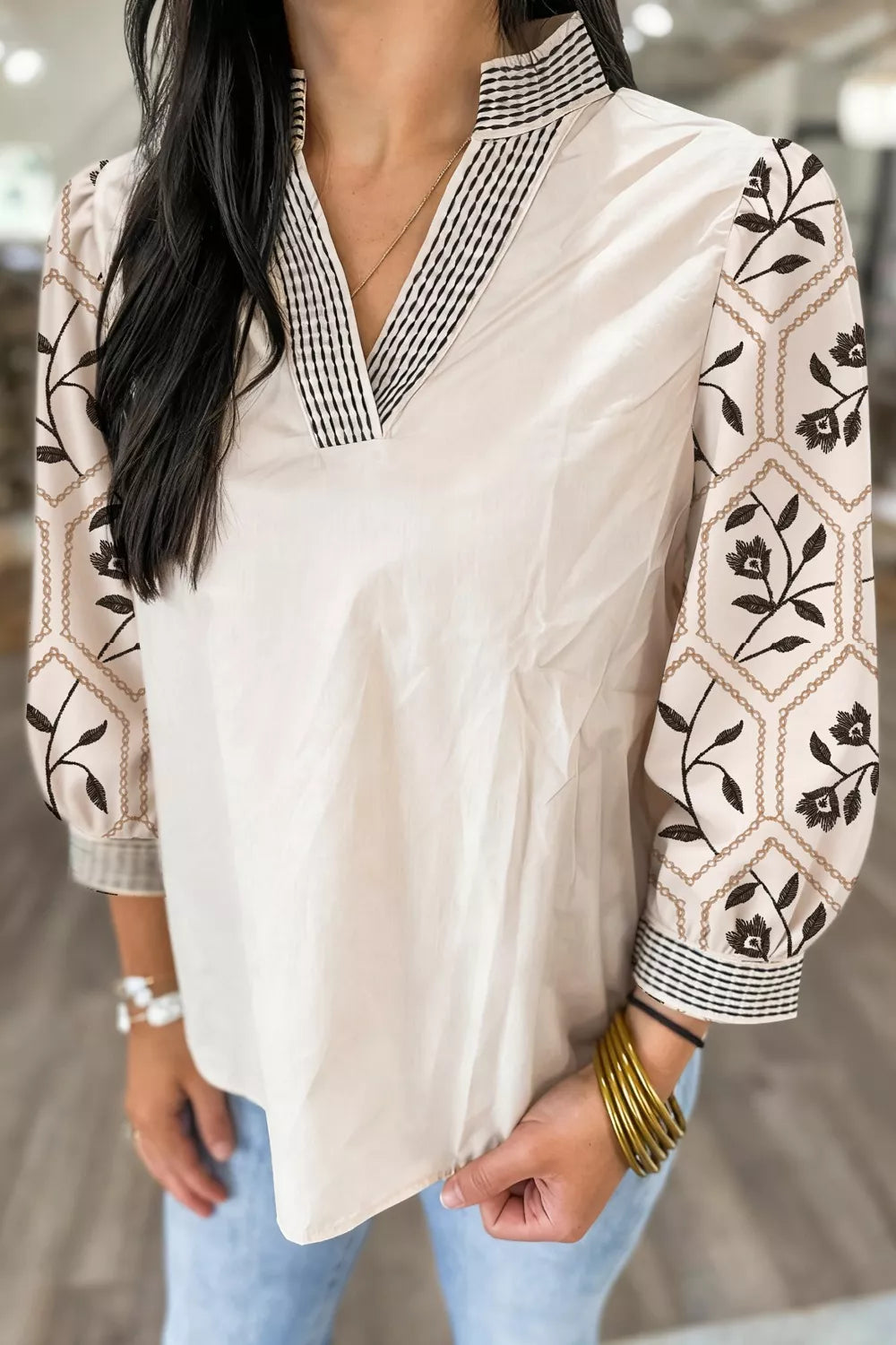 Notched Floral Sleeve Blouse