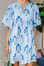 Striped Floral Puff Sleeve Mini Dress
