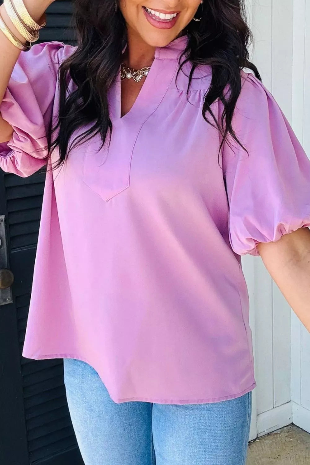 V Neck Puff Sleeve Summer Blouse