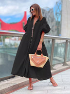 Plus Size Button Front Puff Sleeve Shirt Dress