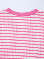 Stripe Textured Knit Contrast Trim V Neck Short Sleeve Top