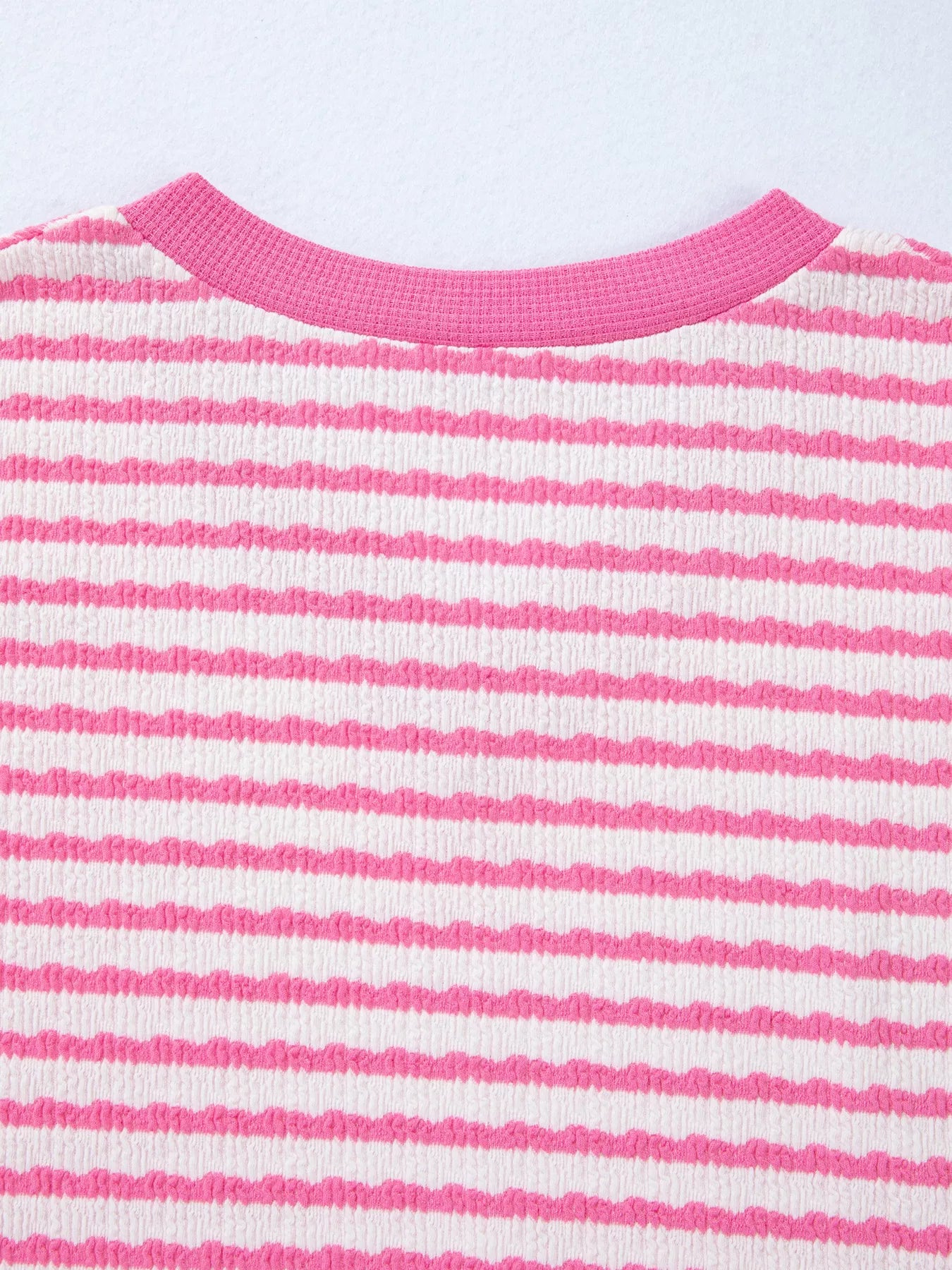 Stripe Textured Knit Contrast Trim V Neck Short Sleeve Top