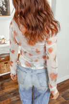 Floral Print Sheer Mesh Long Sleeve T-Shirt