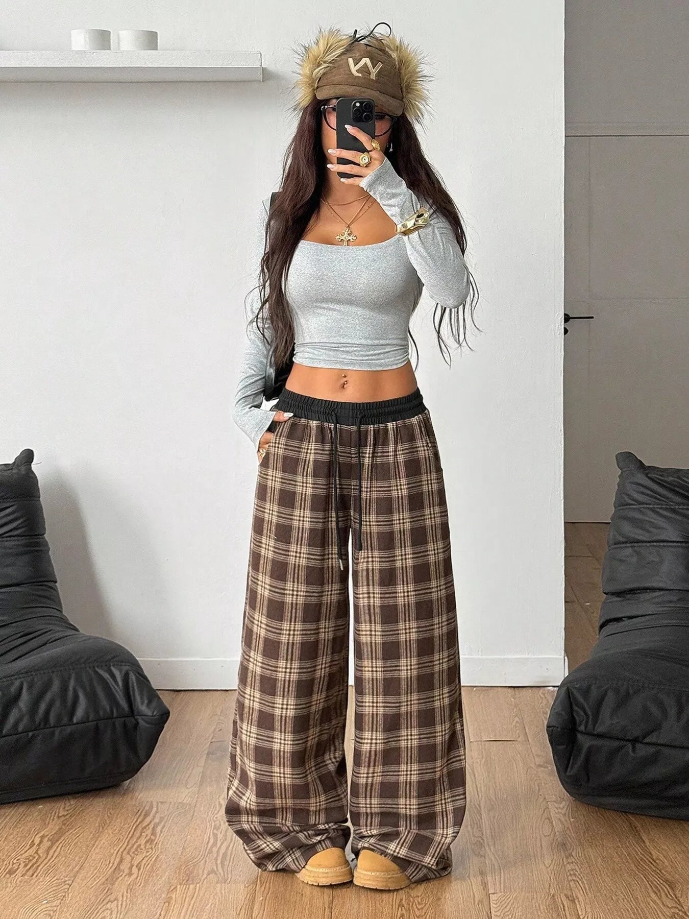 Plaid Wide Leg Pants