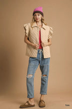 Umgee Corduroy Quilted Ruffle Sleeve Vest