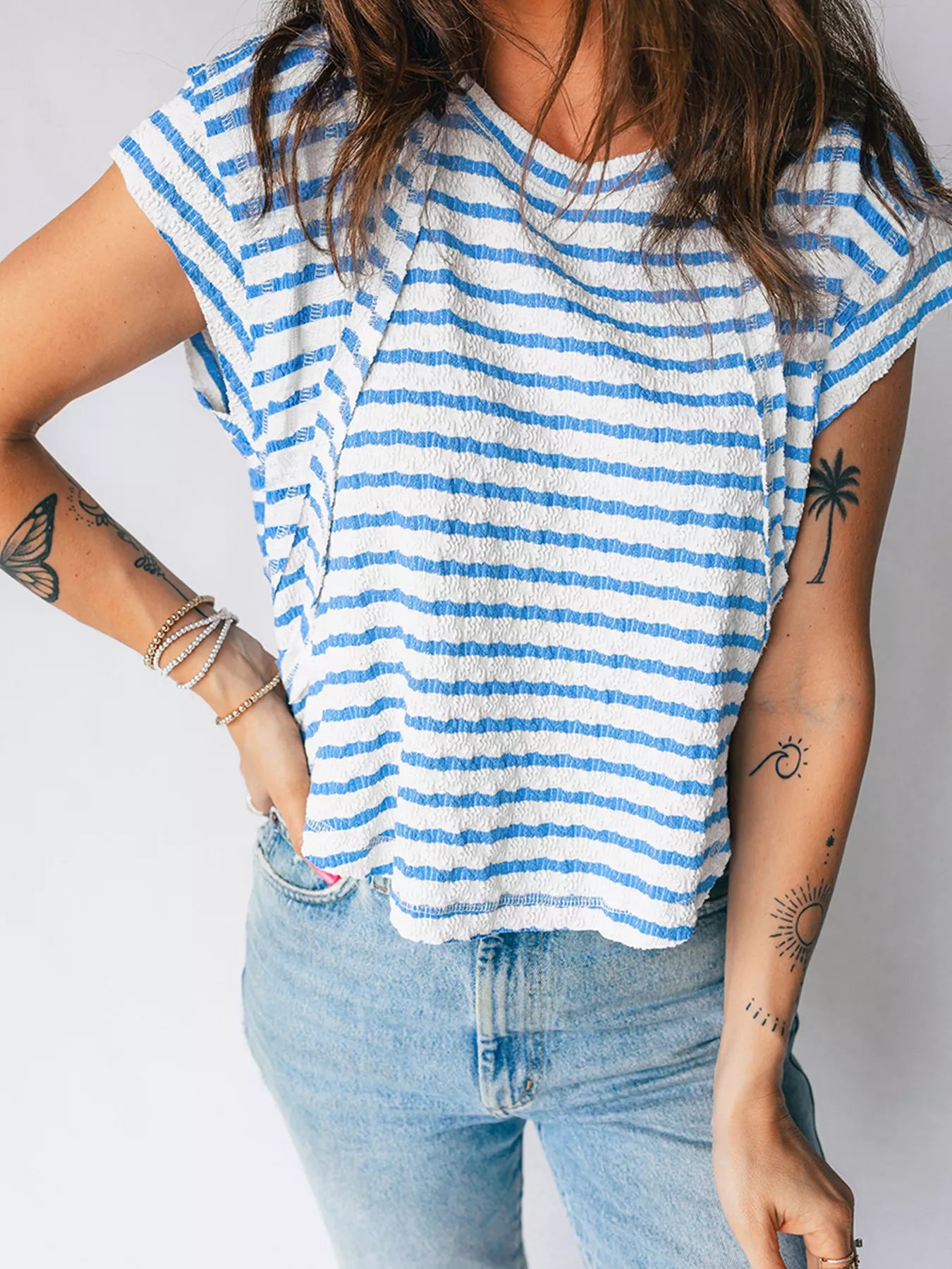 Stripe Textured Short Sleeve Patchwork T Shirt