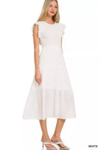 Zenana Woven Smocked Ruffle Sleeve Midi Dress