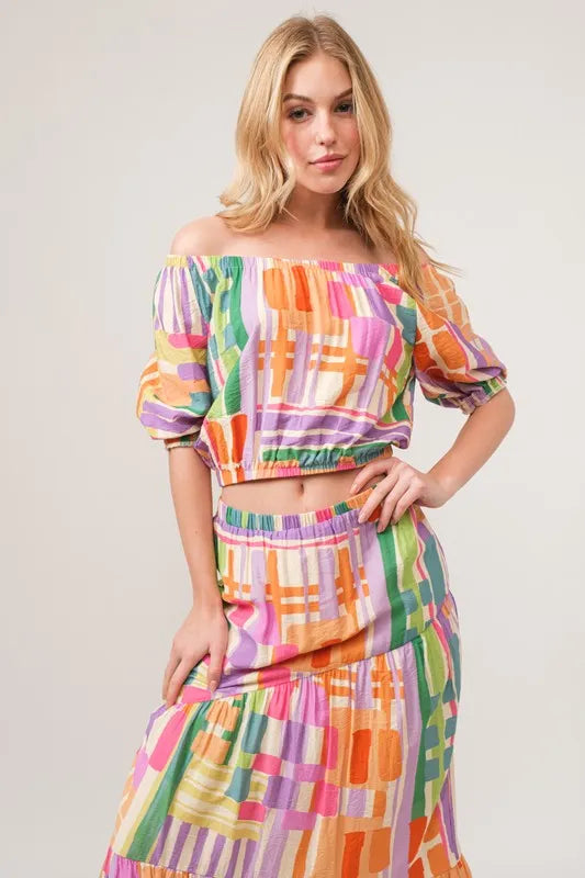 And The Why Asymmetric Geo Printed Tiered Maxi Skirt