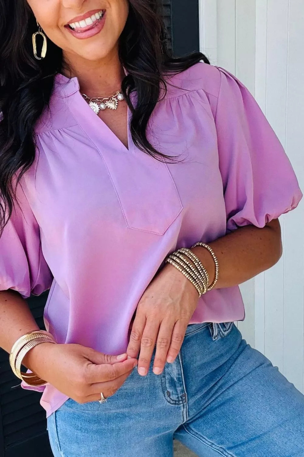 V Neck Puff Sleeve Summer Blouse