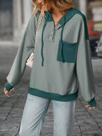 Casual Color Block Button Detail Hoodie