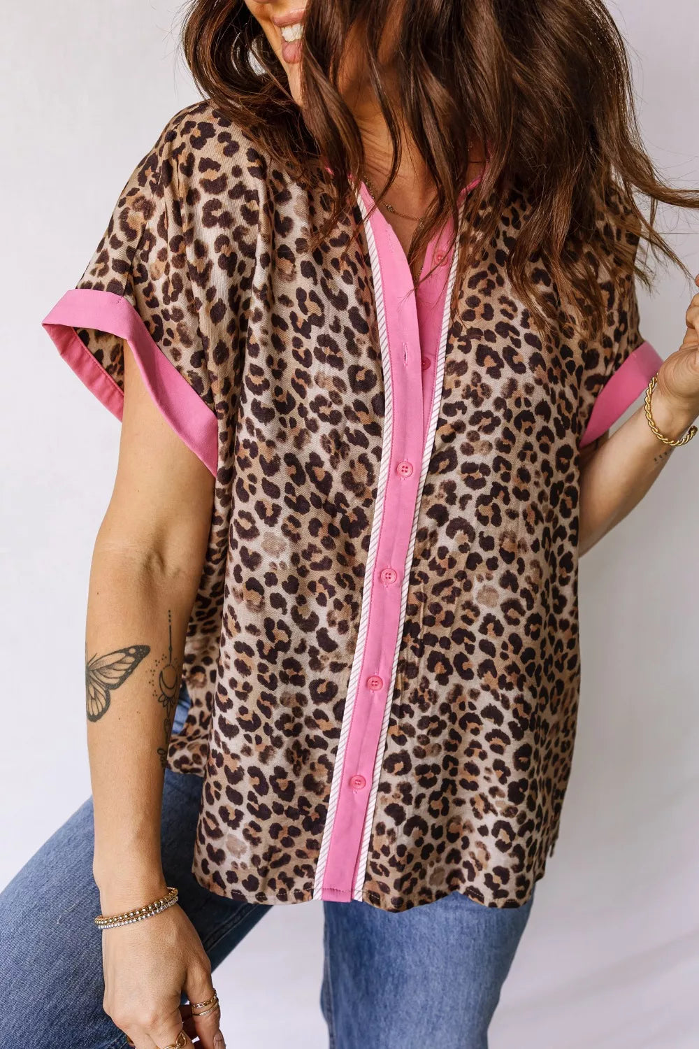 Leopard Print Contrasted Trim Short Sleeve Shirt