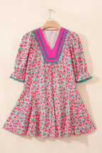 Floral Print V Neck Patchwork Short Bubble Sleeve Mini Dress