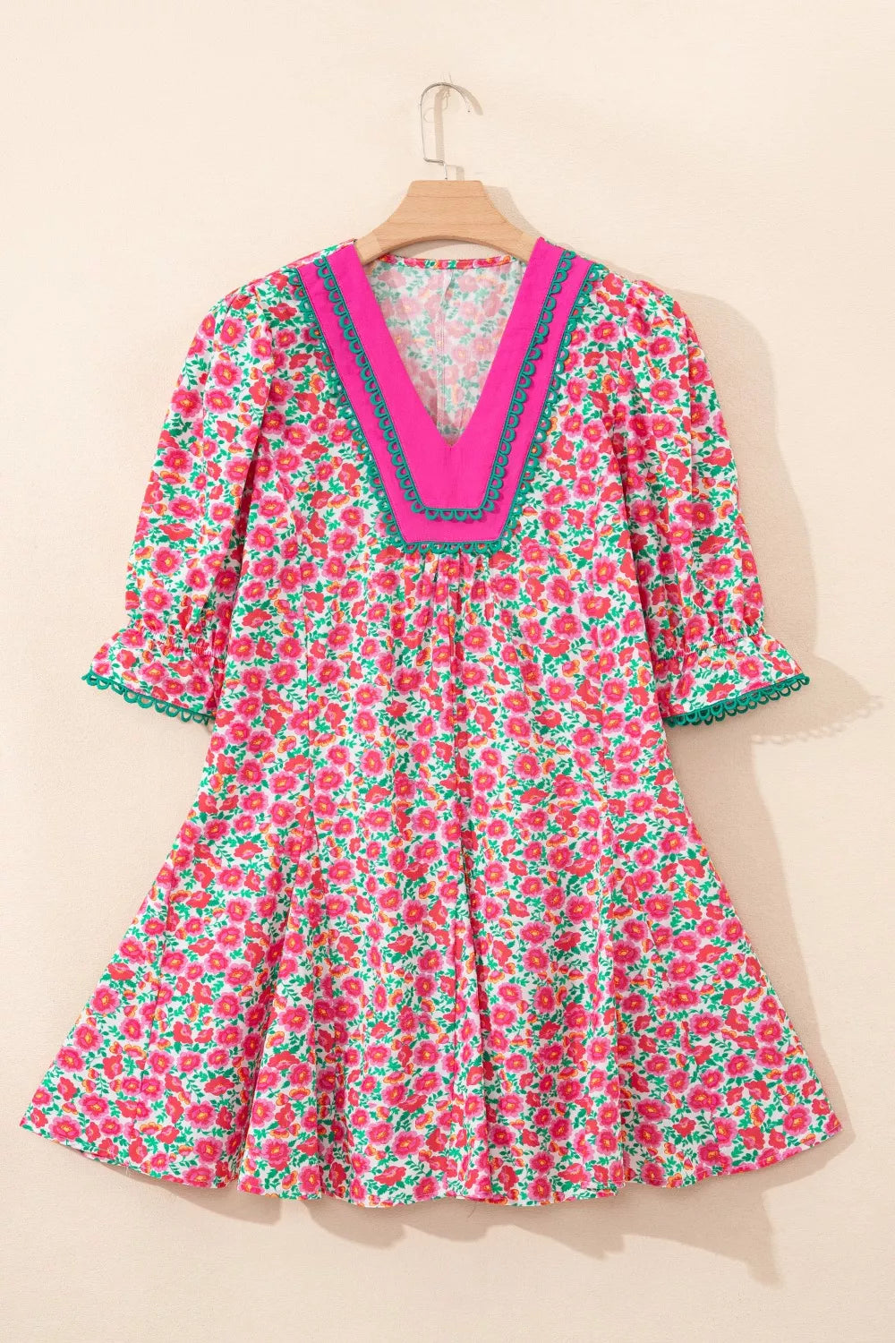 Floral Print V Neck Patchwork Short Bubble Sleeve Mini Dress